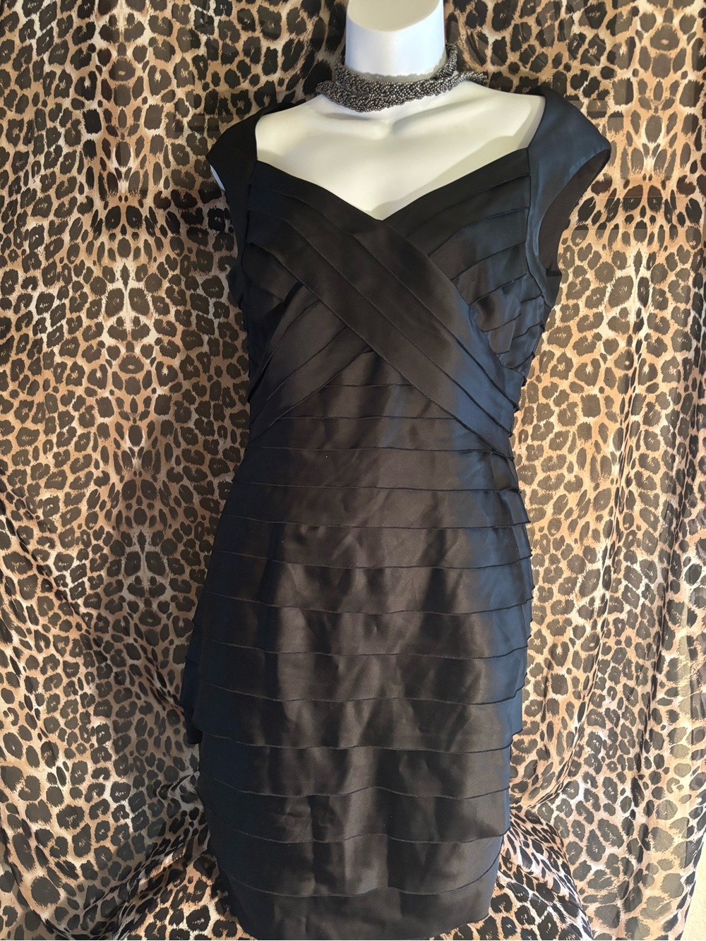 Jones New York Black Pleated V-Neck Mini Dress